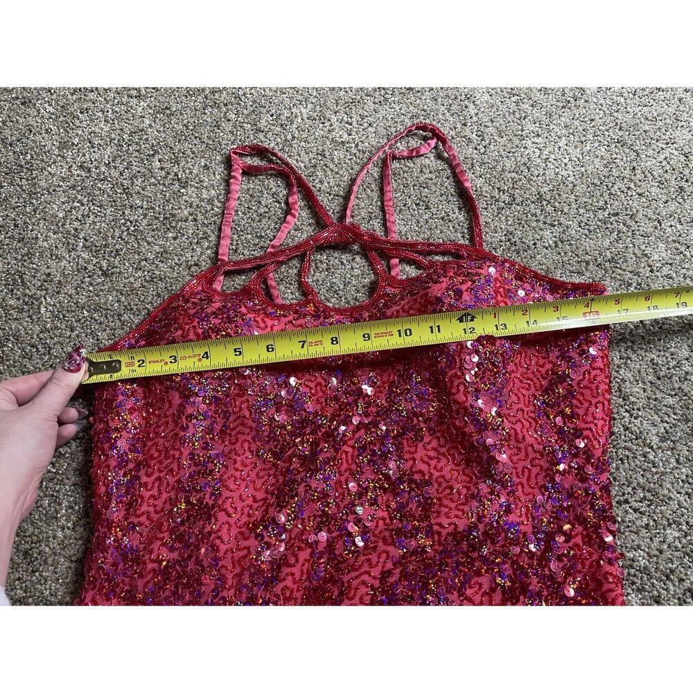 Glam Gurlz Pink Fully Beaded Sequin Prom Evening Dress Train High Slit Medium - Picture 11 of 11